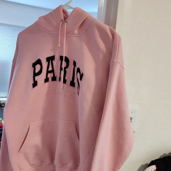 Paris France Pink Hoodie Medium 20" PTP Embroidery Front Comfy Vintage - Picture 10 of 13